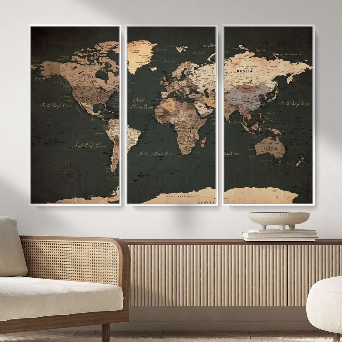 Vintage World Map Canvas Wall Art – Framed Travel Map for