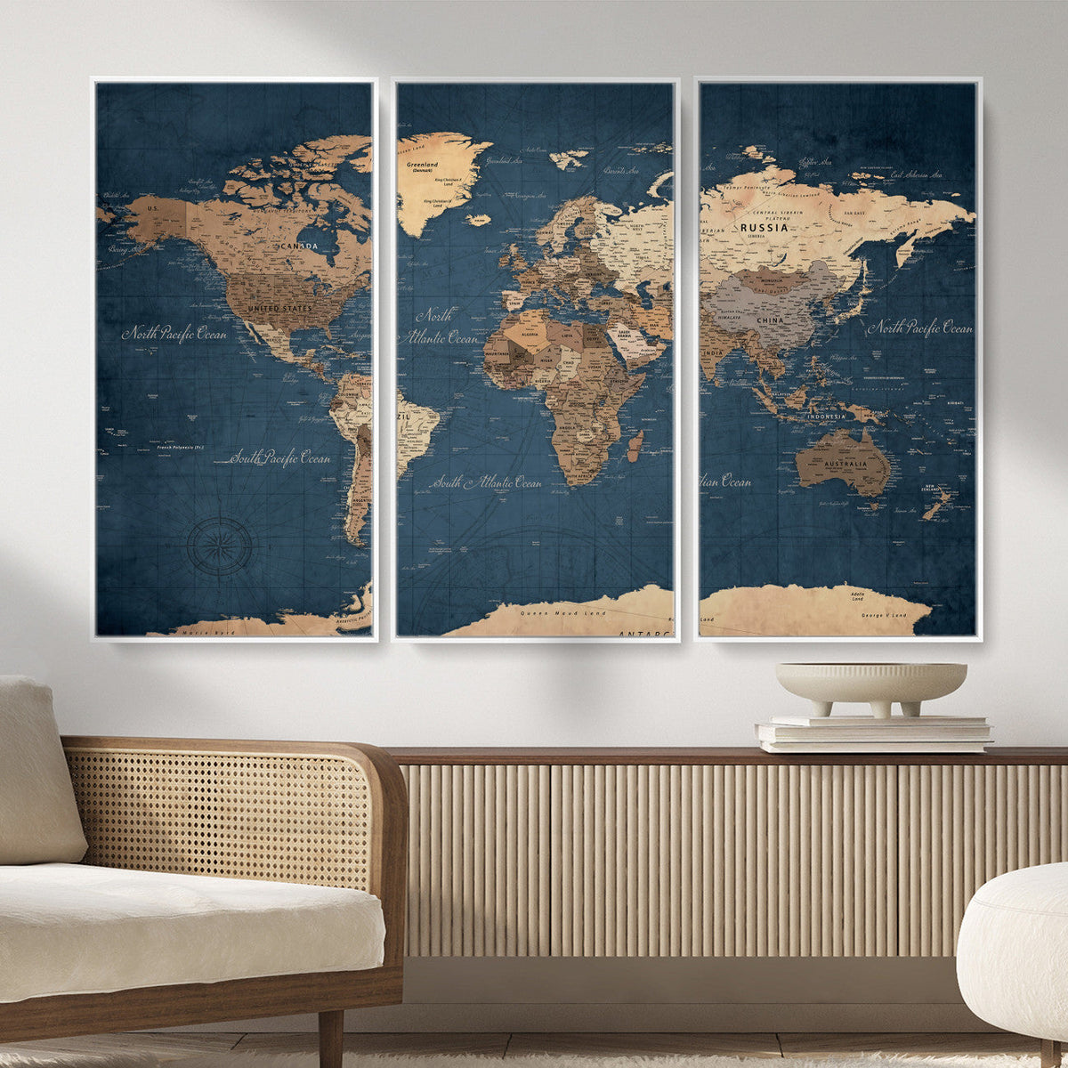 Navy Blue World Map Canvas Print – Framed Travel Map Wall