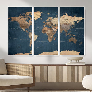 Navy Blue World Map Canvas Print – Framed Travel Map Wall