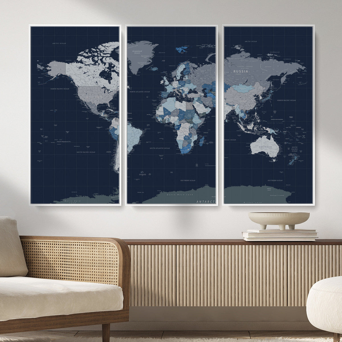 Blue Detailed World Map Wall Art Canvas Print, Modern Framed