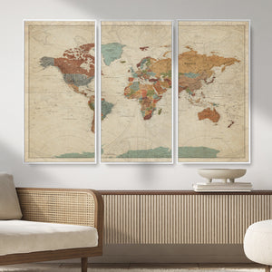 Vintage World Map Canvas Wall Art Print – Framed Modern