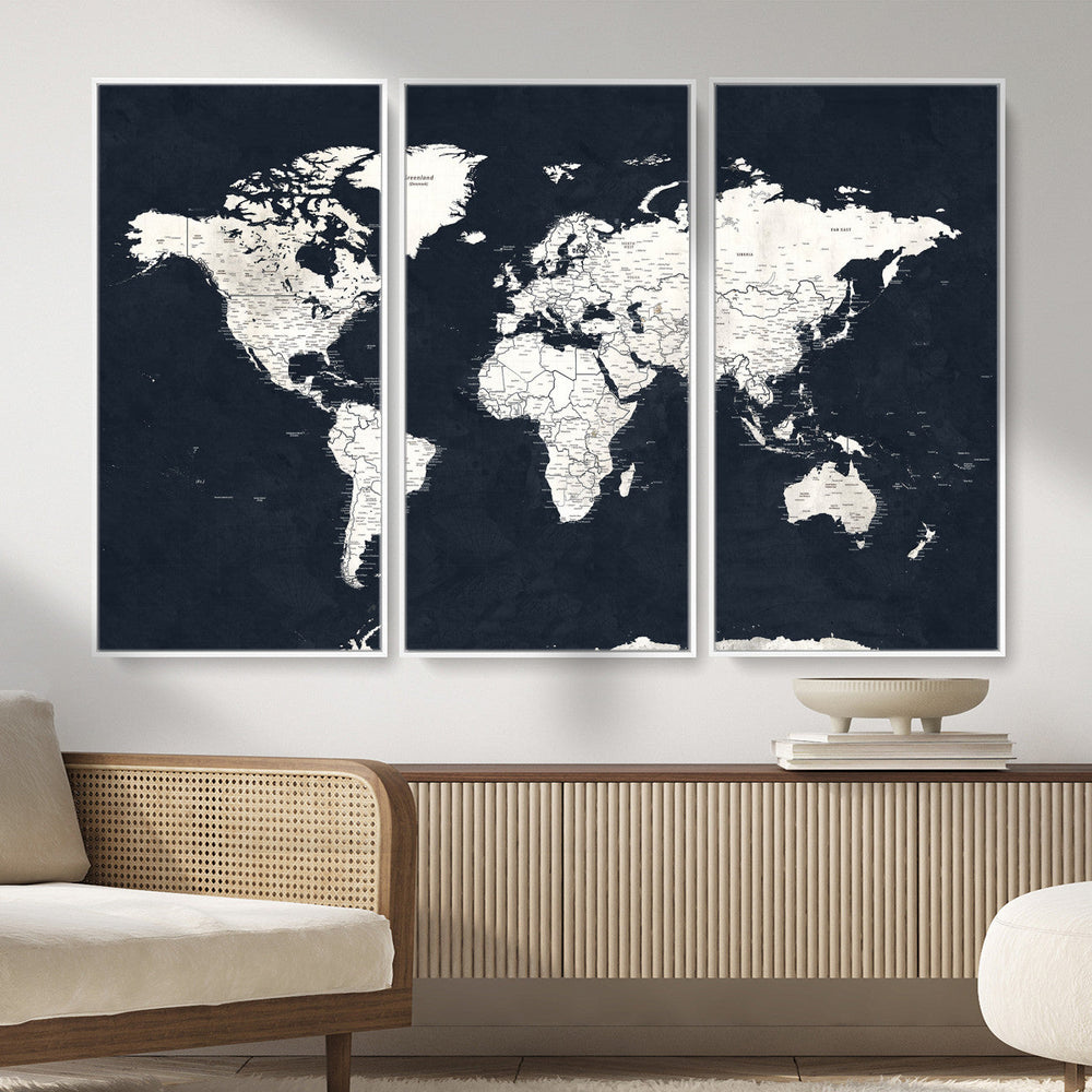 Black World Map Wall Art Canvas Print for Home Office and