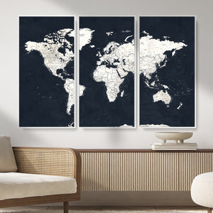 Black World Map Wall Art Canvas Print for Home Office and