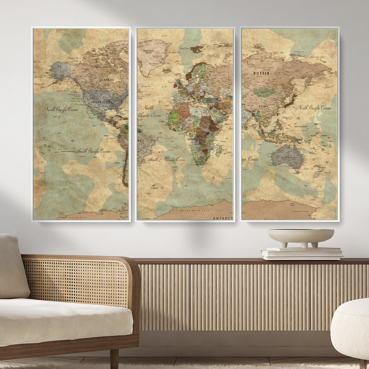 Vintage World Map Wall Art | Ready to Hang and Framed