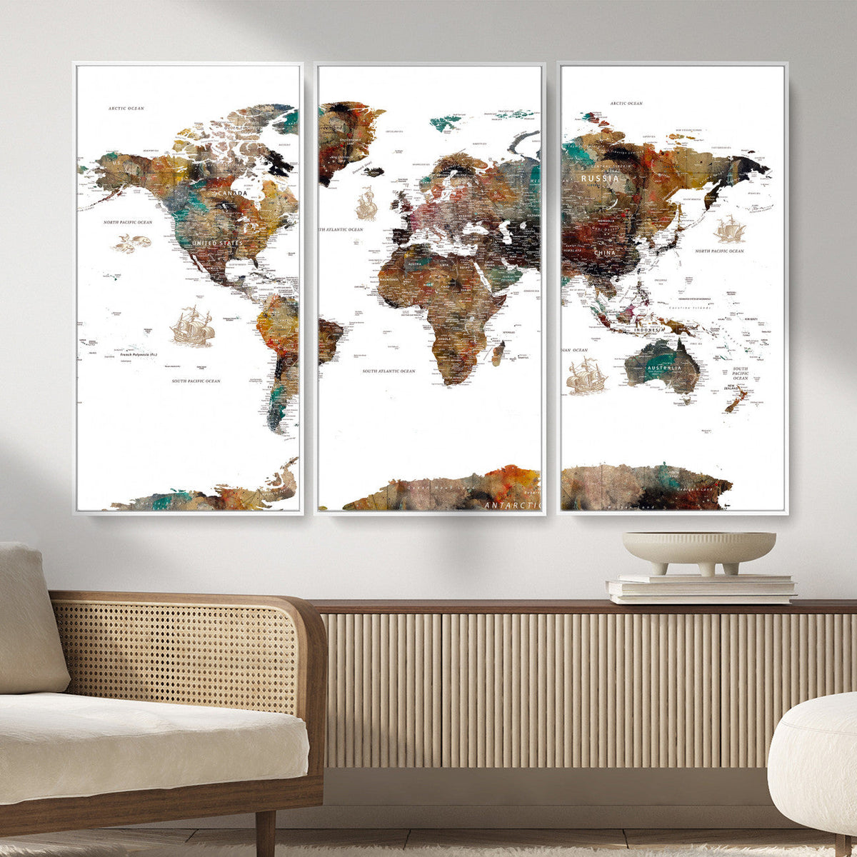 Watercolor World Map Canvas Print – Detailed Map of the