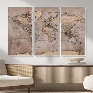 Grunge World Map Canvas Wall Art - Vintage Aged World Map