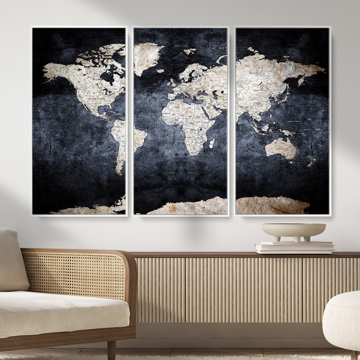 Vintage World Map Canvas Wall Art – Antique Triptych Map