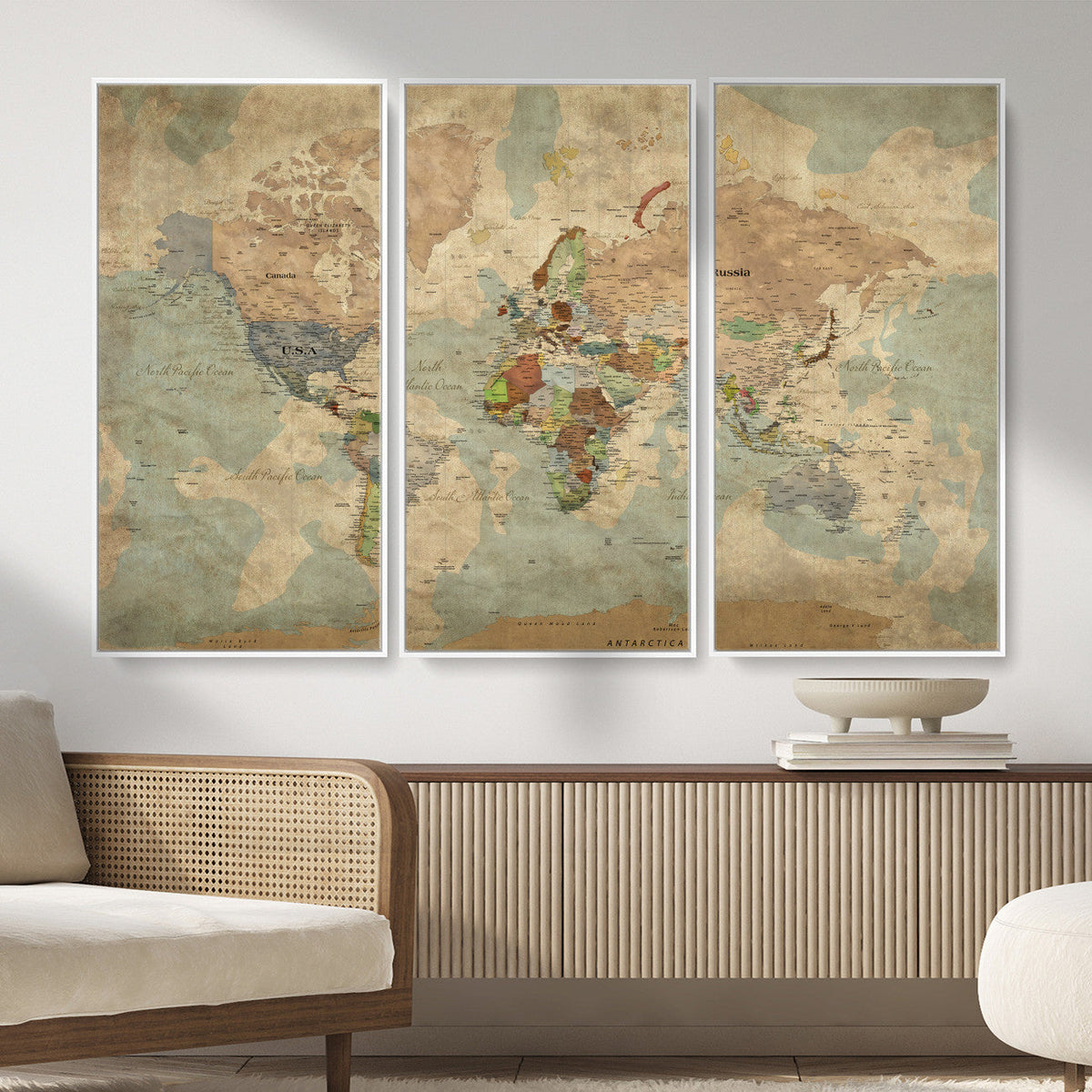 World Map Wall Art Canvas Print, Rustic Map Print, Framed
