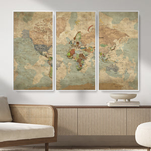 World Map Wall Art Canvas Print, Rustic Map Print, Framed
