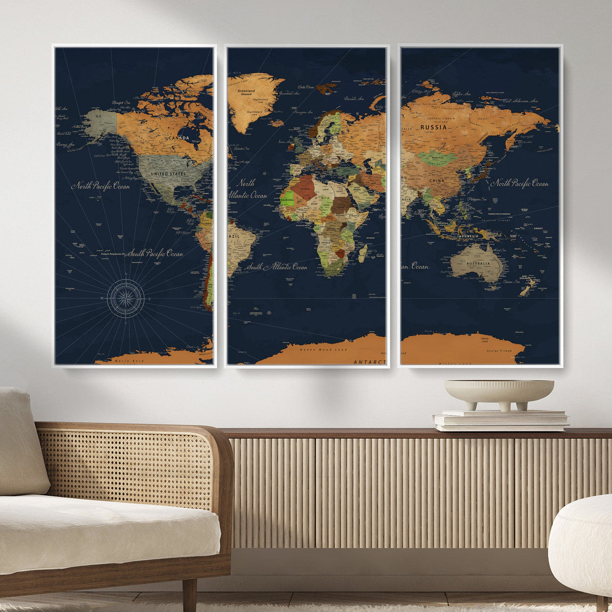 Modern World Map Canvas Print – Framed Detailed Map of the