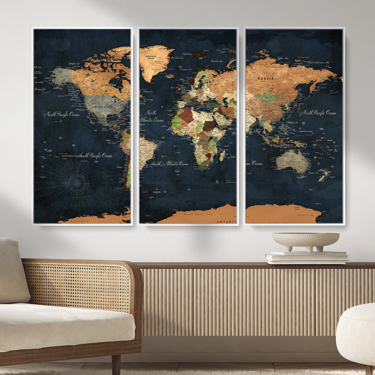 Vintage World Map Canvas Wall Art – Detailed Map with
