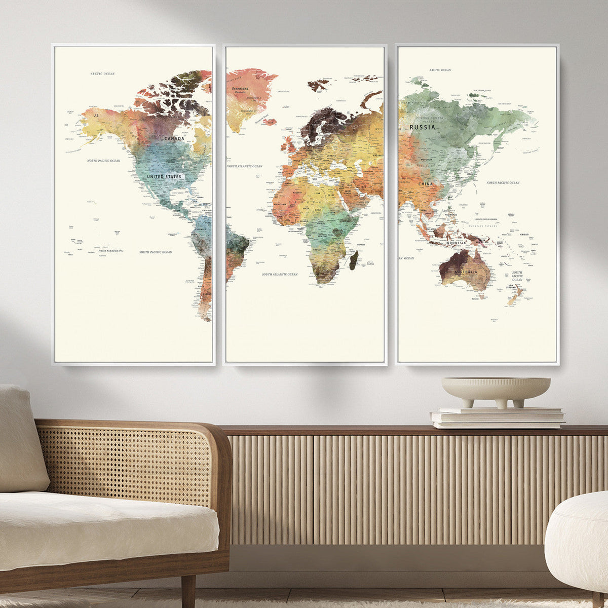 Framed World Map Wall Art Canvas Print for Living Room and