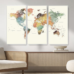 Framed World Map Wall Art Canvas Print for Living Room and