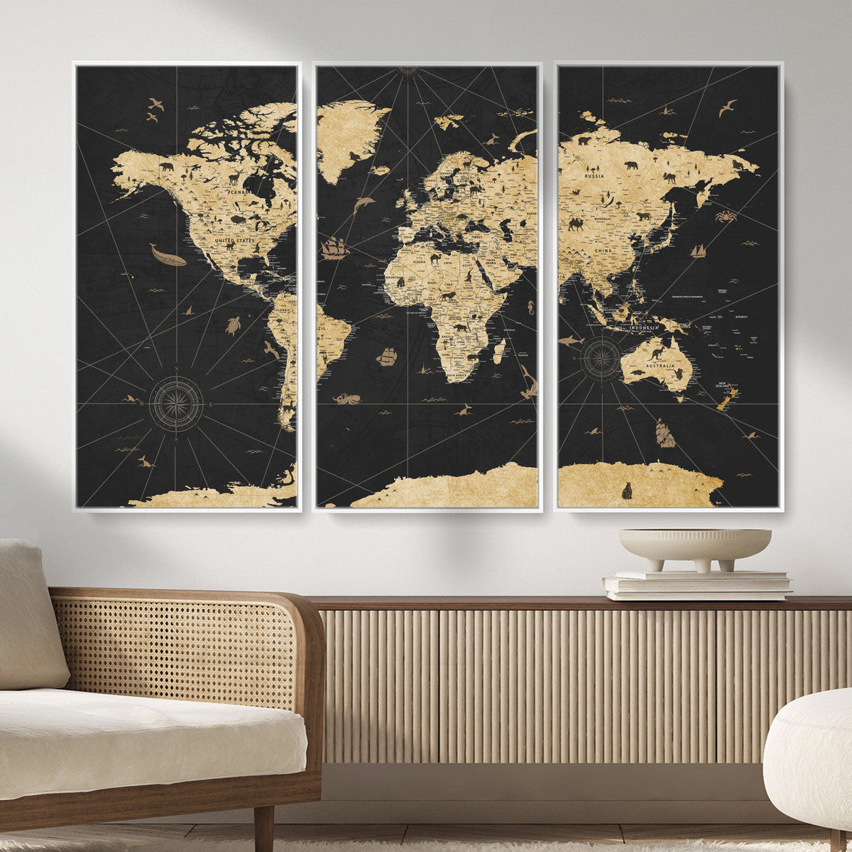 Vintage Blue and Brown World Map Canvas Wall Art – Framed