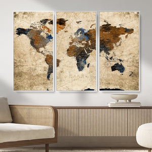World Map Wall Art – Rustic Earth Tone Canvas Print, Antique