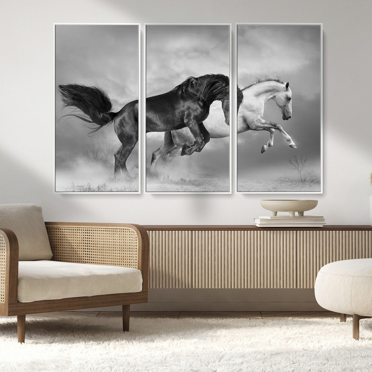 Wild Horses Wall Art Canvas Print – Framed Black and White