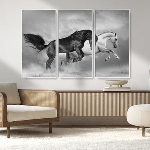 Wild Horses Wall Art Canvas Print – Framed Black and White