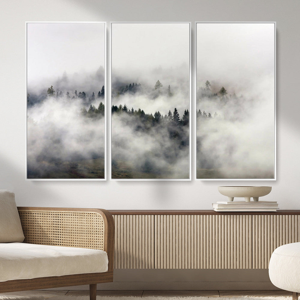 Foggy Forest Wall Art Canvas Print, Misty Pine Tree