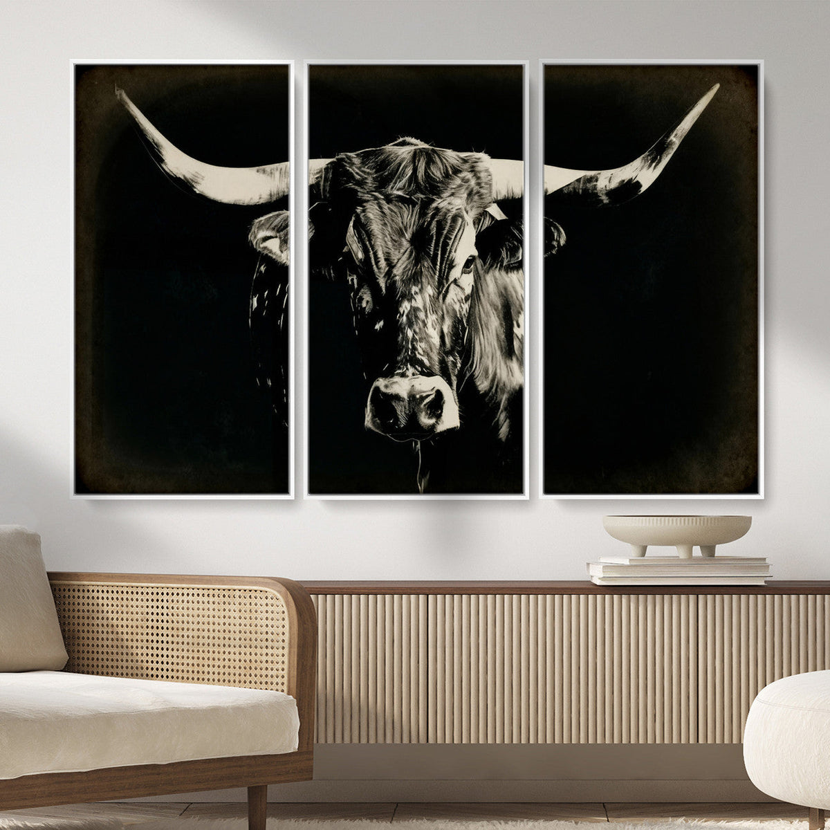 Black Bull Wall Art Canvas Print, Texas Longhorn Portrait