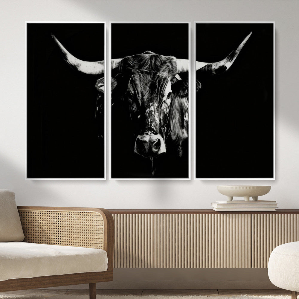 Black Bull Wall Art Canvas Print, Dark Longhorn Portrait