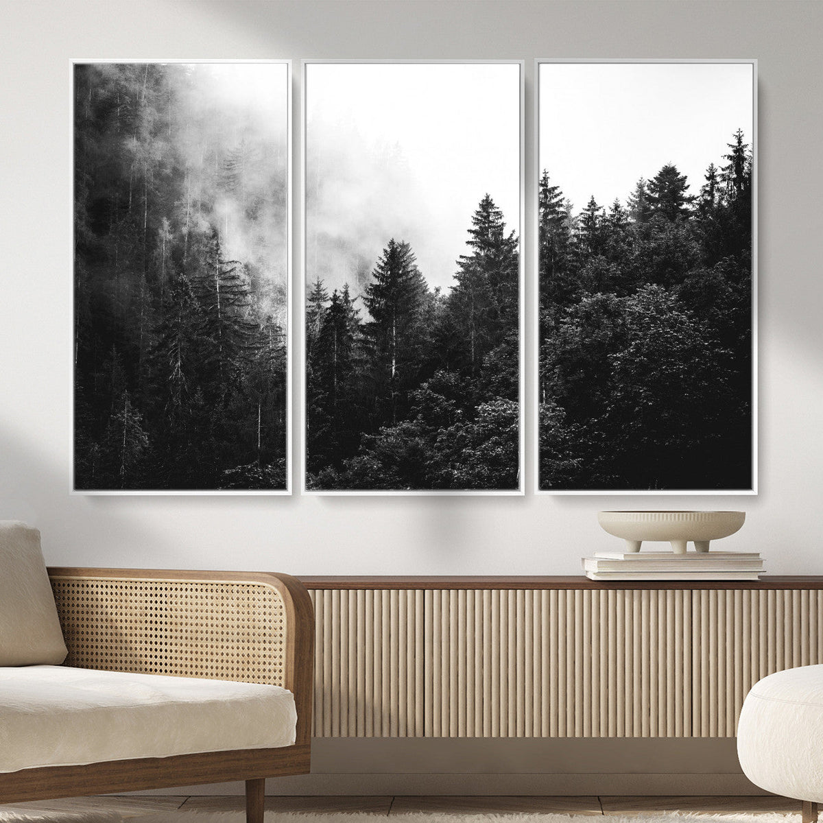 Black White Forest Wall Art Canvas Print, Misty Pine Tree