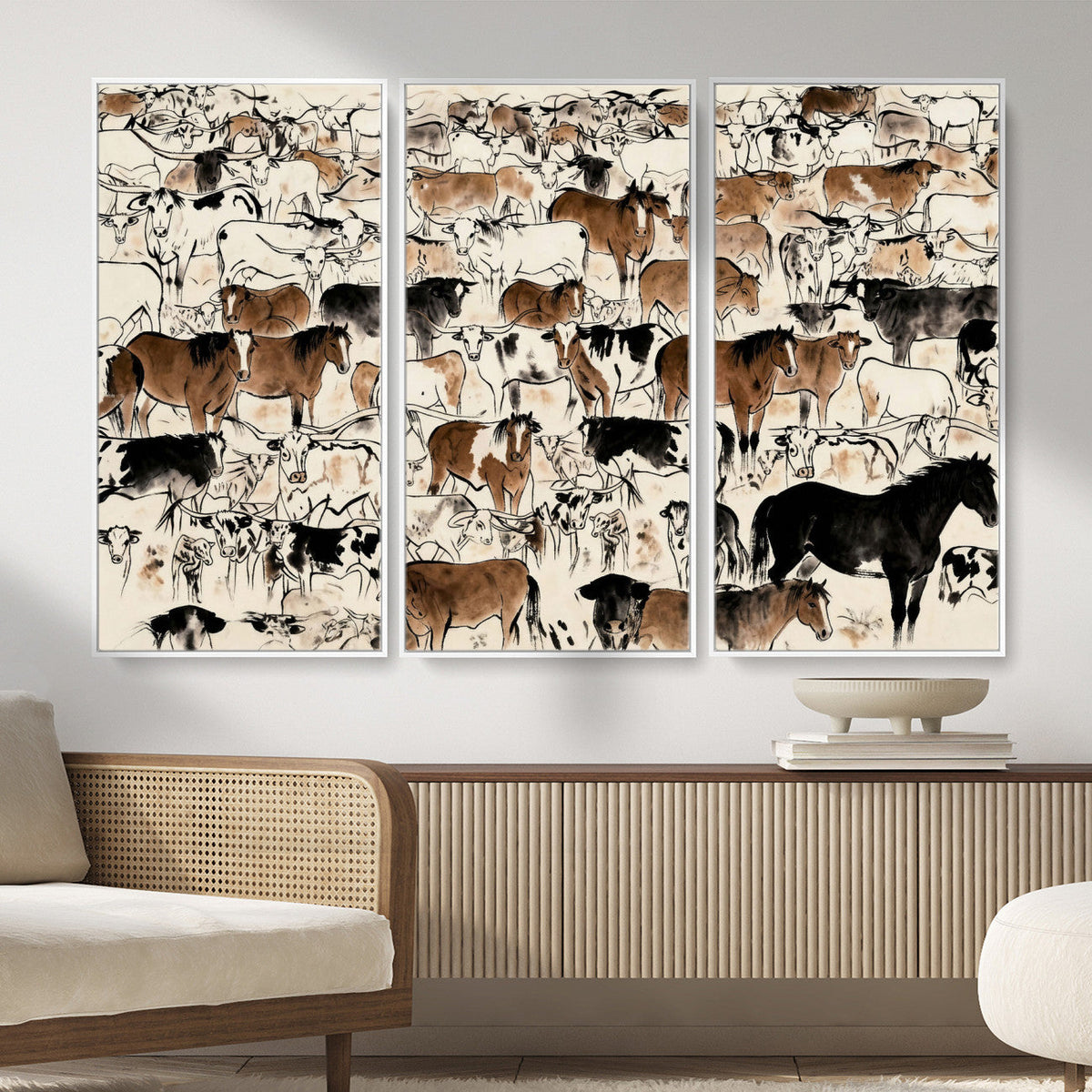 Farmhouse Animals Horse Longhorn Cow Wall Art Canvas Print -