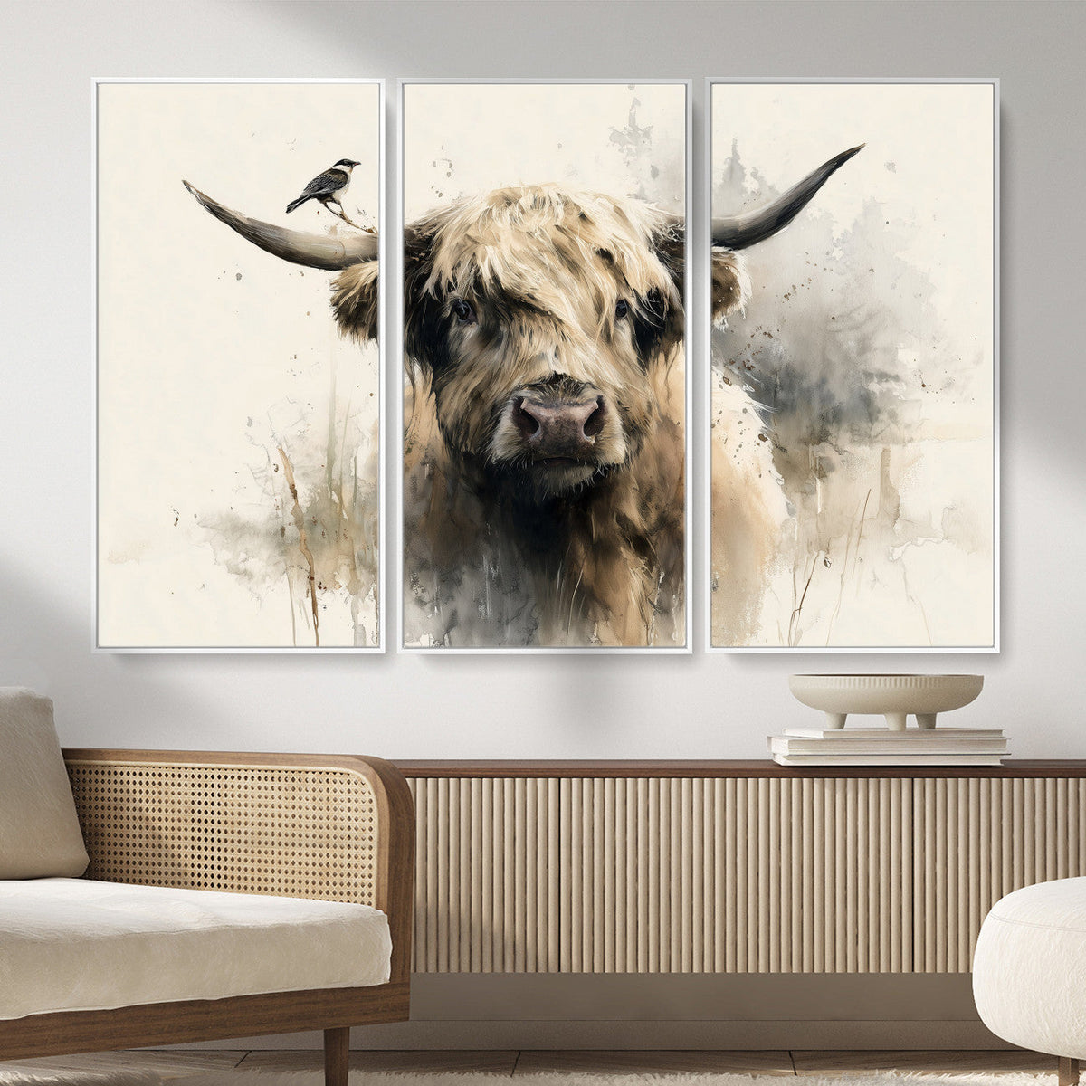 Abstract Highland Cow Wall Art Canvas Print, Rustic Farm