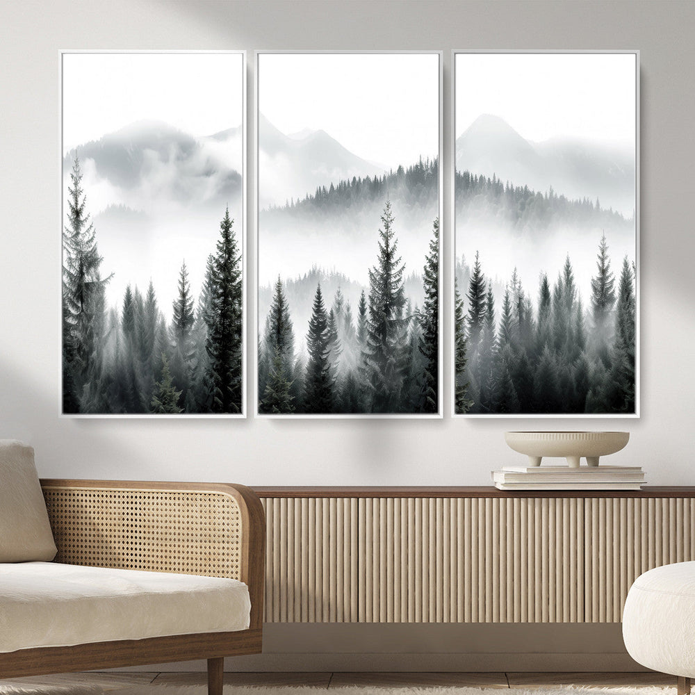 Misty Pine Forest Mountain Landscape Wall Art Canvas Print