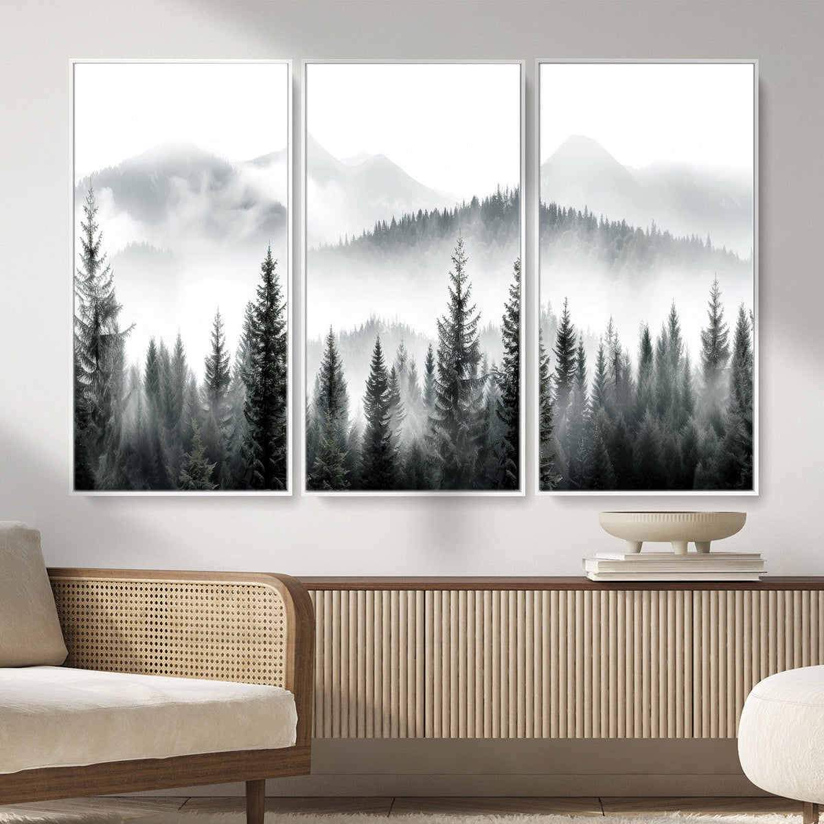 Misty Pine Forest Mountain Landscape Wall Art Canvas Print