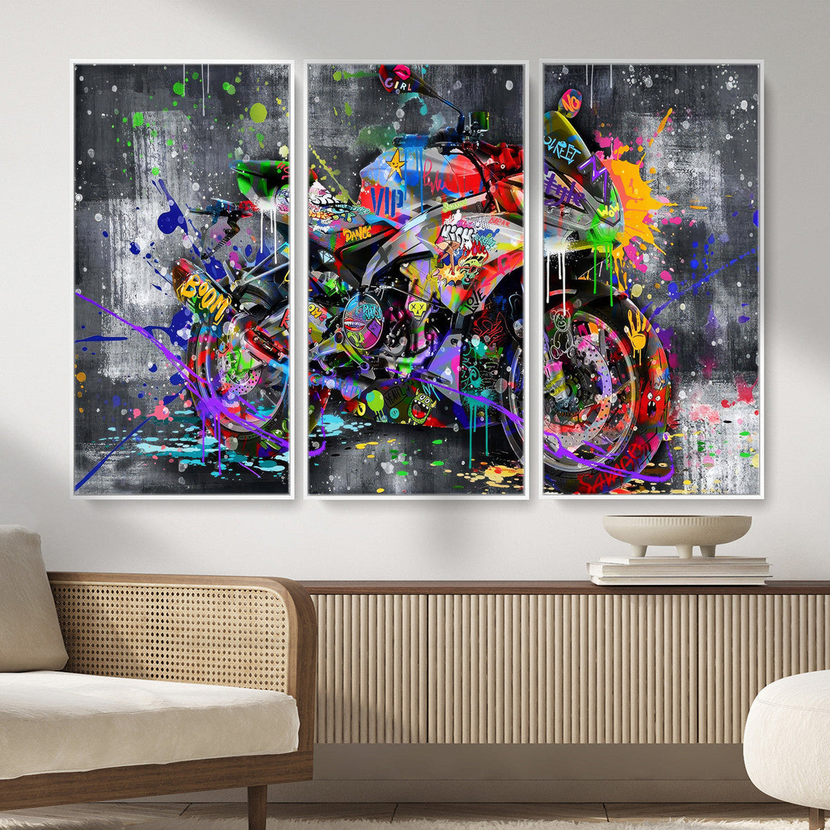 Graffiti Motorcycle Wall Art Canvas Print, Urban Street Art
