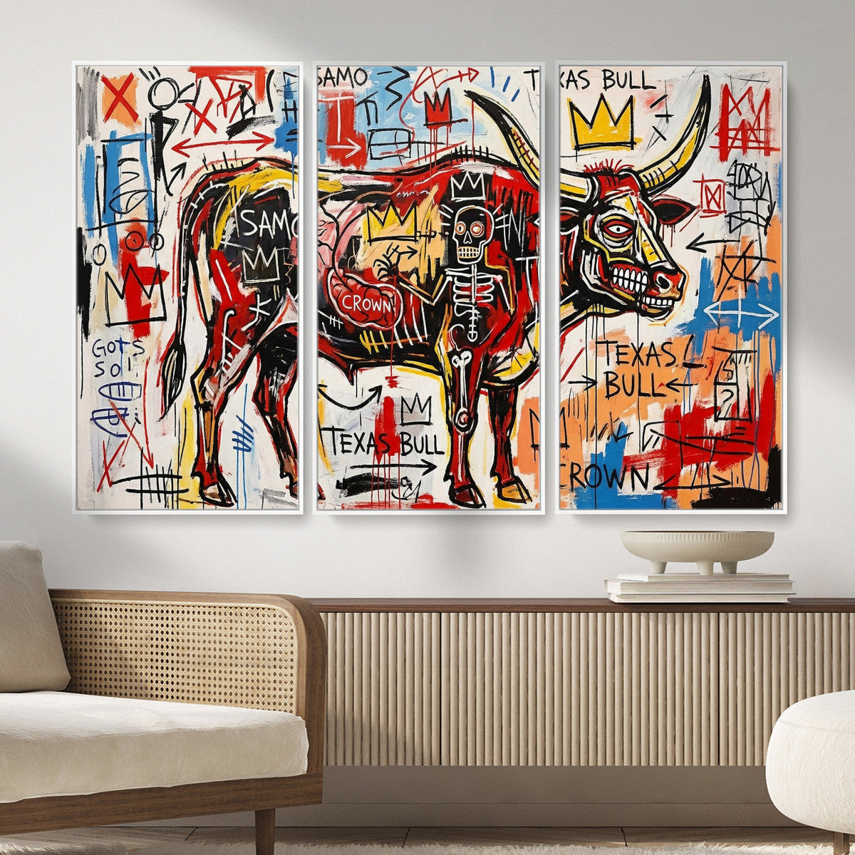 Texas Bull Wall Art Canvas Print, Abstract Graffiti Bull