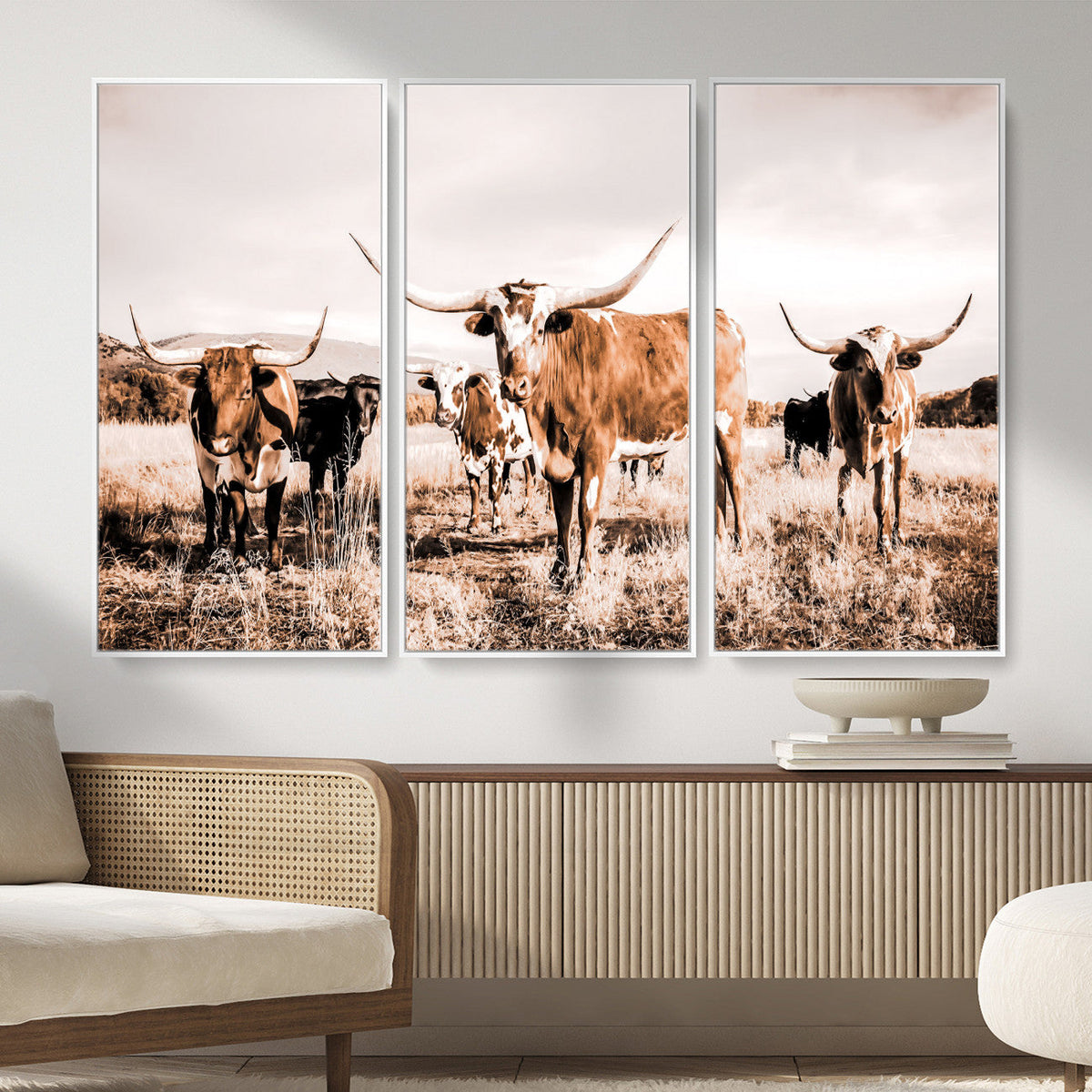 Texas Longhorn Cattle Wall Art Canvas Print, Sepia Western