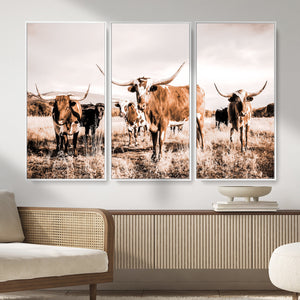 Texas Longhorn Cattle Wall Art Canvas Print, Sepia Western