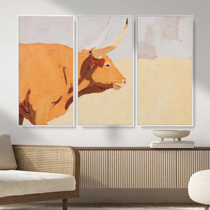 Minimal Longhorn Bull Wall Art Canvas Print, Neutral Western