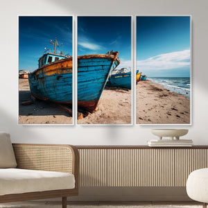 Coastal Fishing Boats Wall Art Canvas Print, Sunset Beach