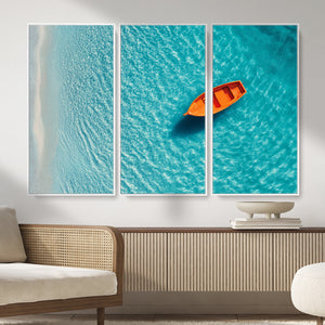 Minimalist Boat Wall Art Canvas Print, Aerial Sea Landscape