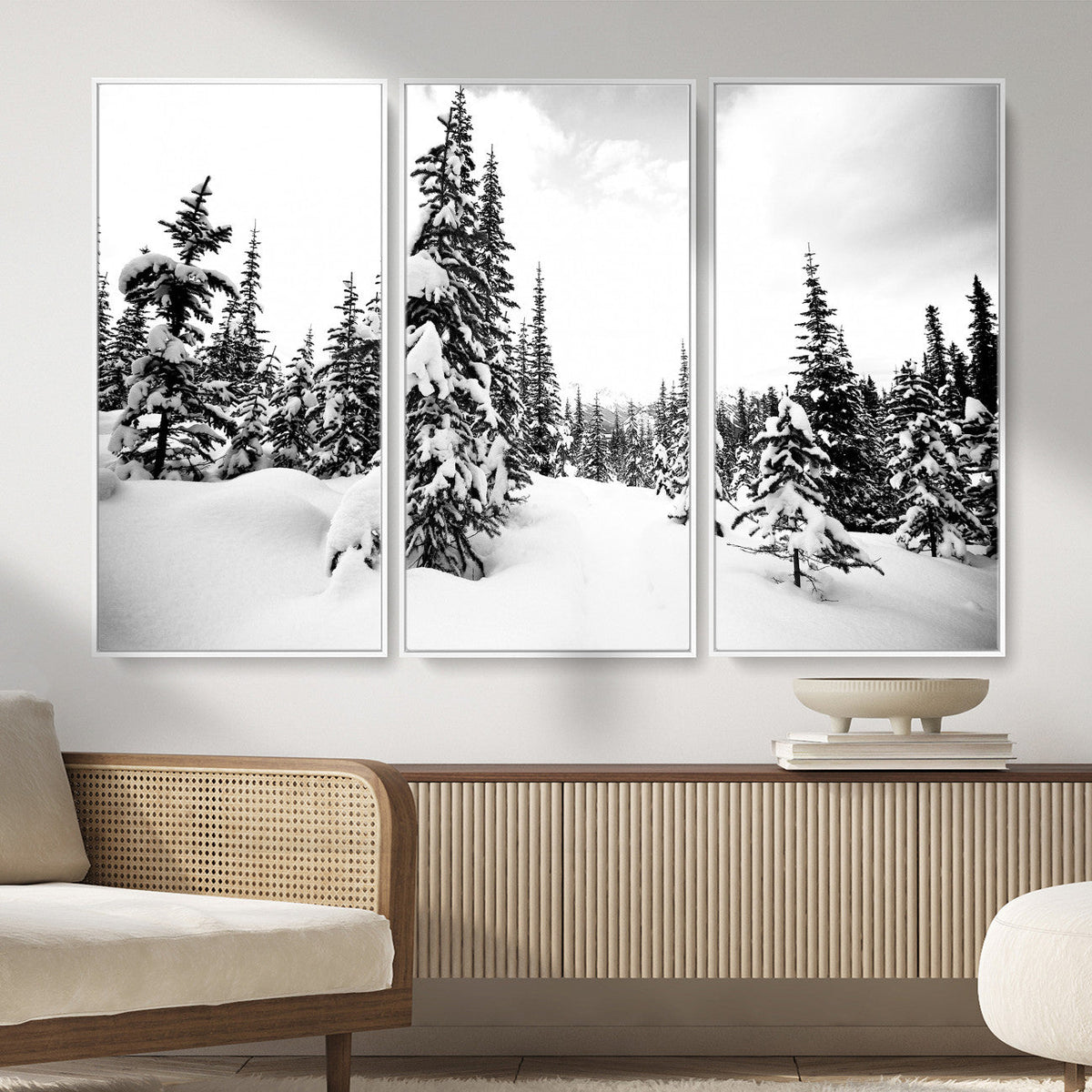 Black and White Snowy Pine Forest Wall Art Canvas Print,