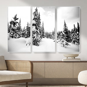 Black and White Snowy Pine Forest Wall Art Canvas Print,
