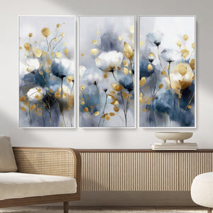 Large Abstract Flowers Wall Art Canvas Print – Gold and Blue