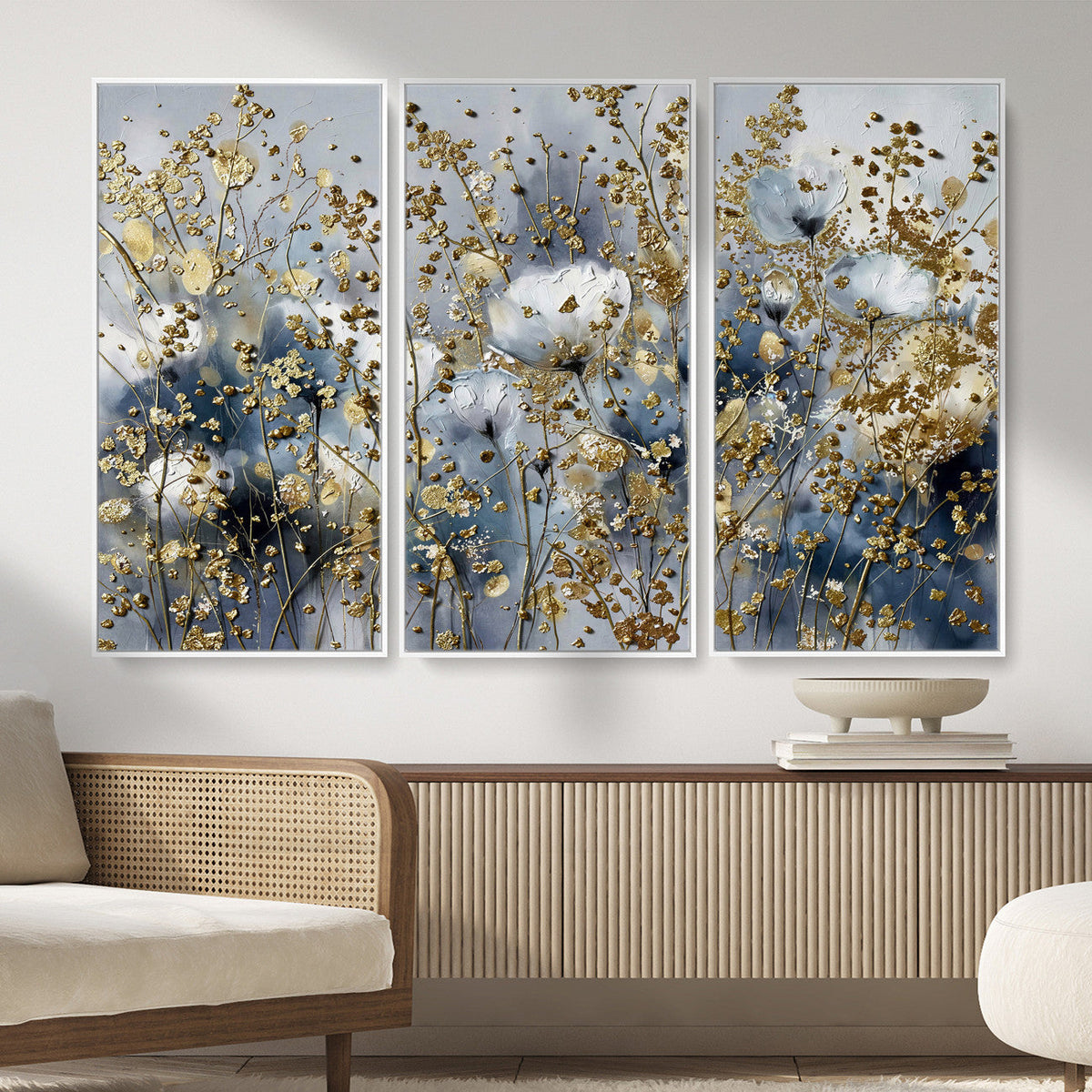 Abstract Floral Wall Art Canvas Print – Gold and Blue