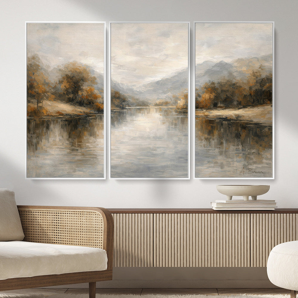 Neutral Abstract River Landscape Wall Art Canvas Print