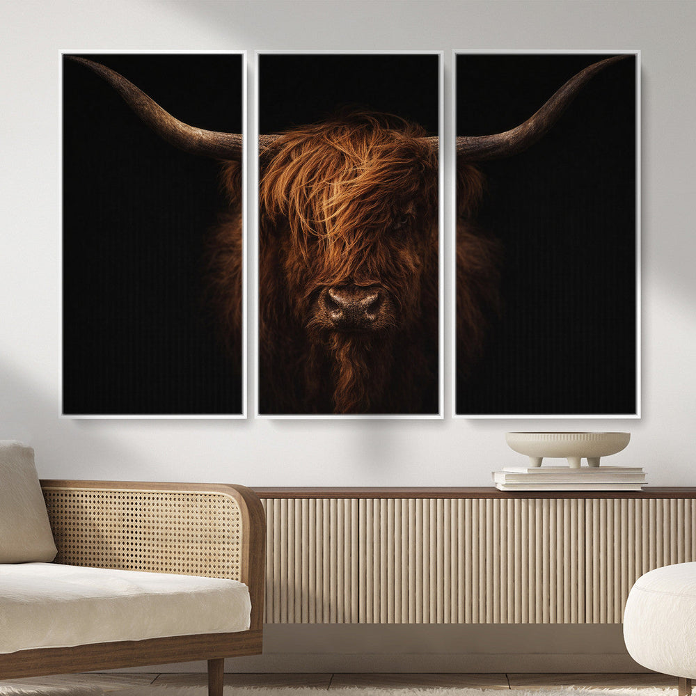 Highland Cow Wall Art Canvas Print – Moody Dark Rustic