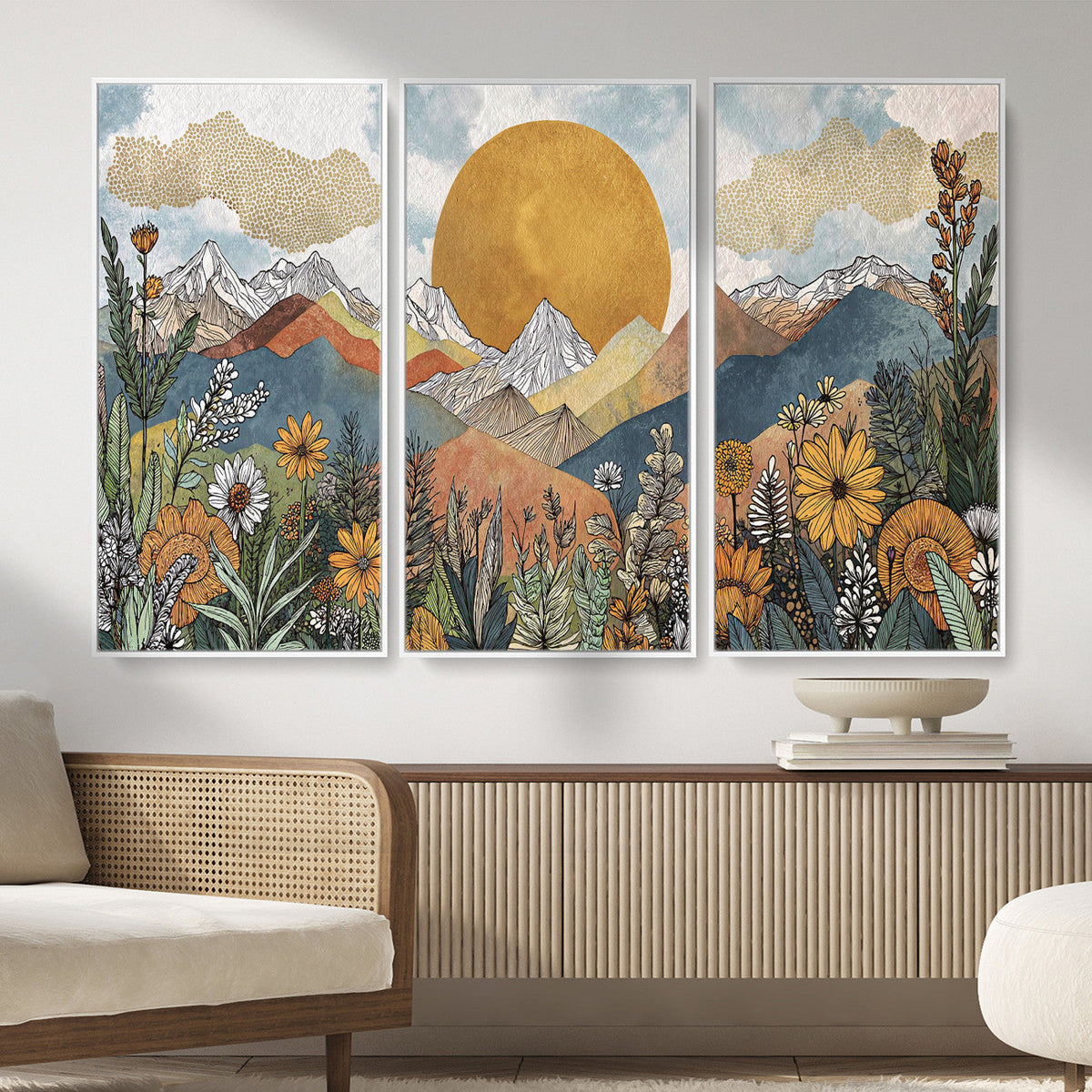 Boho Mountain Landscape Large Wall Art, Horizontal Gold