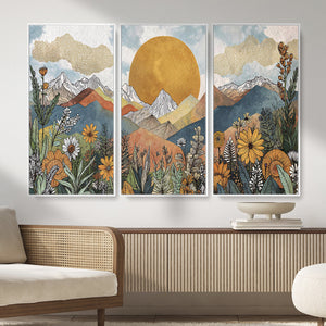 Boho Mountain Landscape Large Wall Art, Horizontal Gold