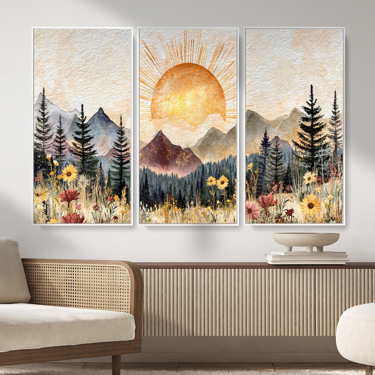 Boho Mountain Landscape Large Wall Art, Horizontal Gold