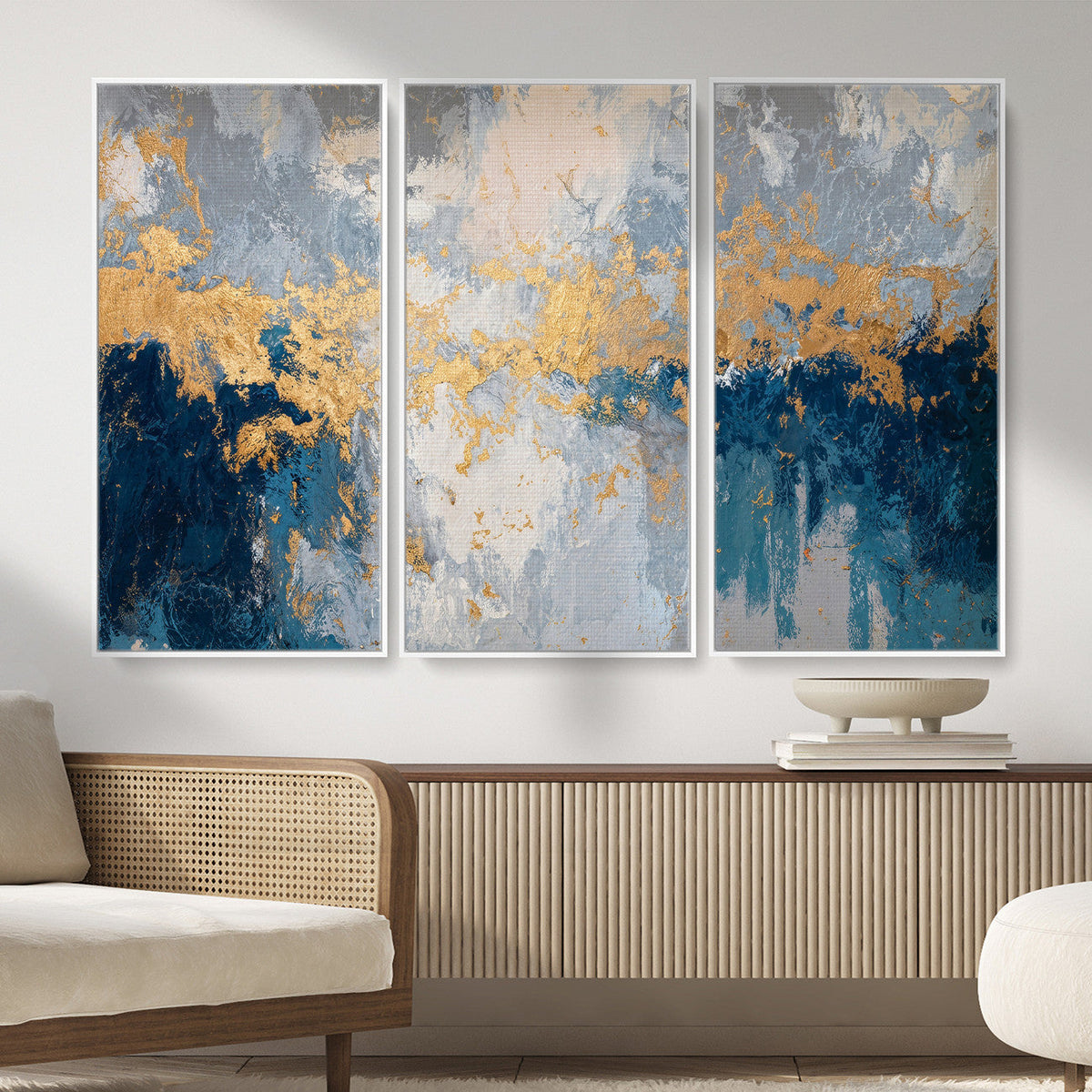 Blue Gold Abstract Large Framed Canvas Wall Art, Modern