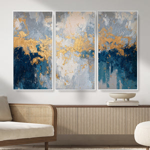 Blue Gold Abstract Large Framed Canvas Wall Art, Modern