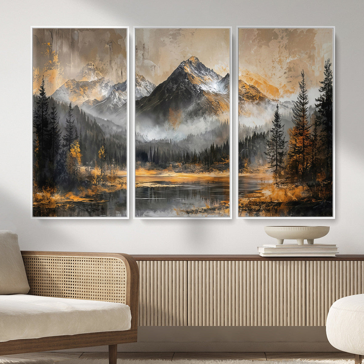 Mountain Lake Canvas Wall Art — Rustic Forest Landscape