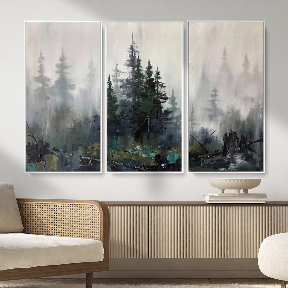 Misty Pine Forest Oil Painting Canvas — Dark Moody Teal Grey