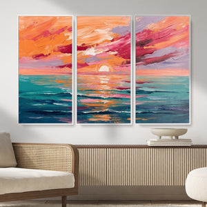 Bold Palette Knife Ocean Sunset Canvas — Orange Pink Teal